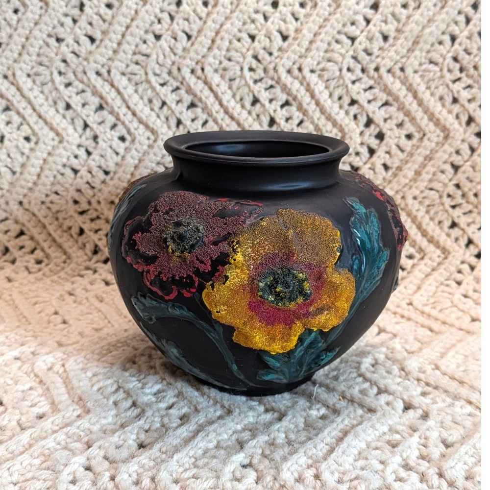 Tiffin Amethyst Glass Matte Black Satin Vase Coraline Floral Relief Art Nouveau